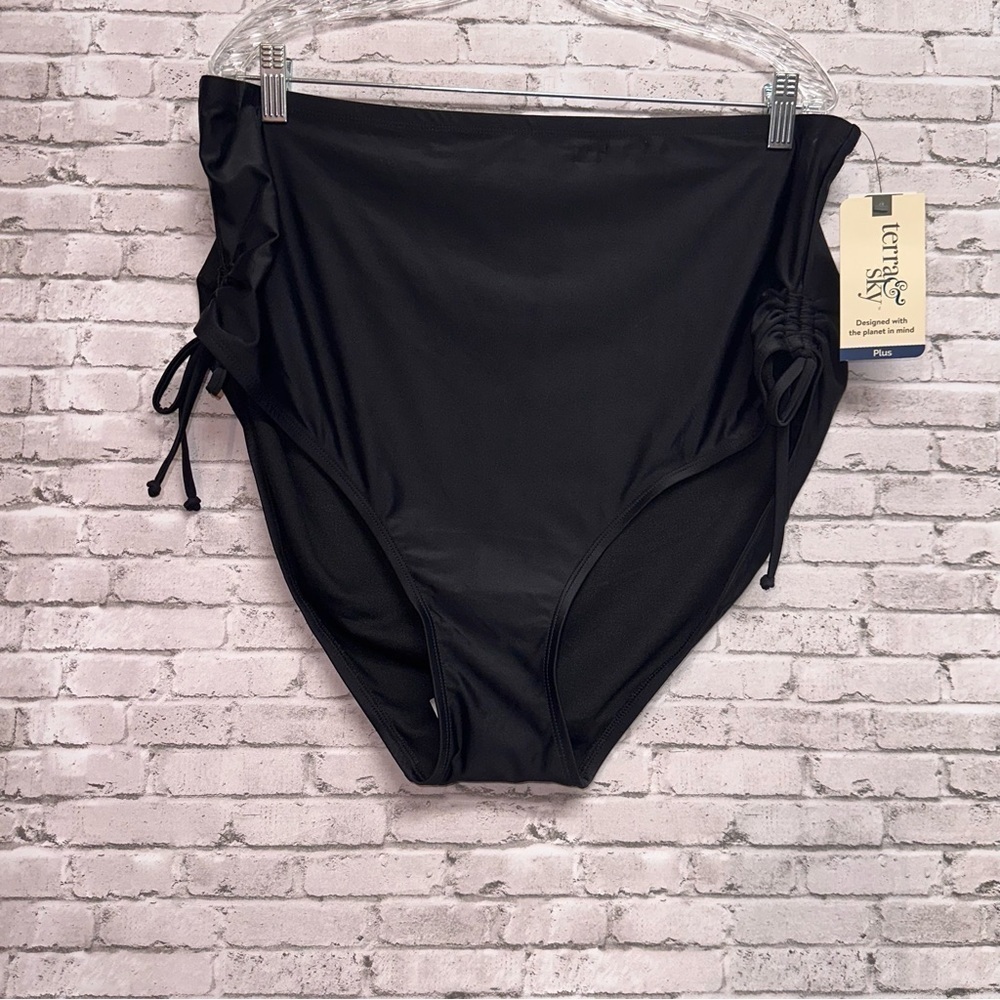 Terra & Sky Womens Black Swim Bottom Plus Side Ties High Waist Tummy Control NWT